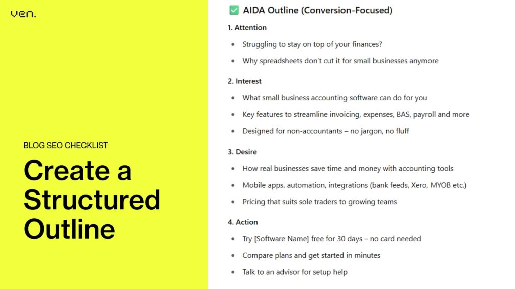A yellow box on the left says "Create a Structured Outline" with a "ven." logo above. On the right is an AIDA outline for small business accounting software, featuring bullet points and a focus on real growth and SEO optimisation. | Ven Agency